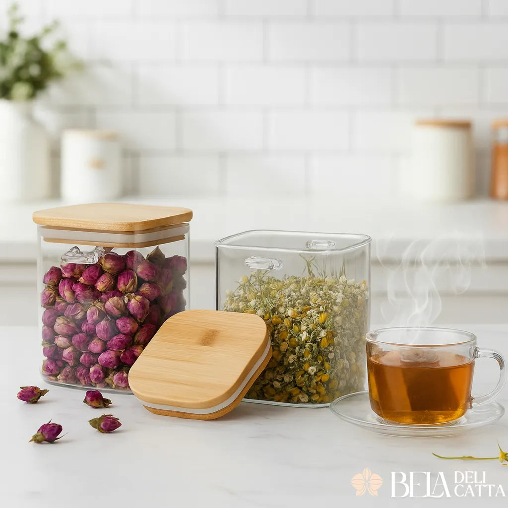 Kit Potes de vidro com tampa de bambu hermética - EcoGlass - 450 ml - Promoçao